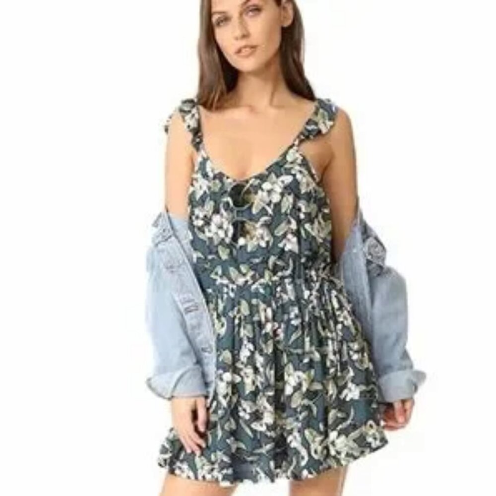 Free People Floral Mini Dress in Teal and White